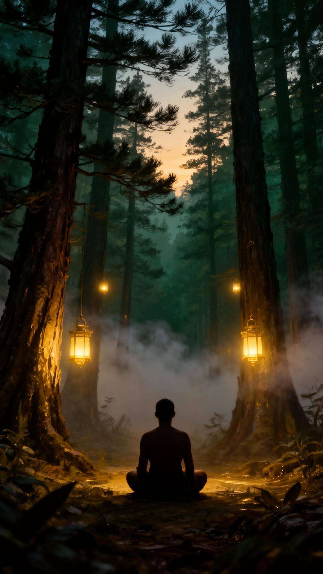 Silueta en un bosque ancestral al amanecer