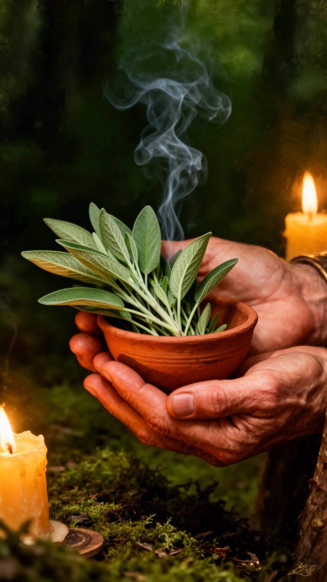 Manos sosteniendo salvia y un cuenco de barro con humo ritual